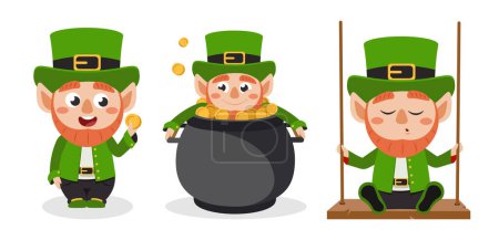 Vector illustration of cute and beautiful leprechaun in cartoon style. Charming characters, funny leprechaun with coin,peeking over a pot of gold, sitting on a swing. Happy St. Patricks Day