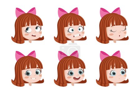 Conjunto de diferentes emociones de una chica en un estilo de dibujos animados. Ilustración vectorial de diferentes expresiones faciales de una chica: reflexiva, enojada, somnolienta, feliz, sonriente, llorando aislada sobre un fondo blanco.