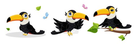 Vector illustration of cute toucans on white background. Charming characters in different poses: a toucan is standing, flying, sitting on a tree branch with butterflies in a cartoon style.