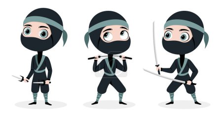 Vector illustration of a cute ninja warrior isolated on white.Charming ninja characters in different poses and emotions: standing with swords, weapon near neck, attacking with sabers in cartoon style.
