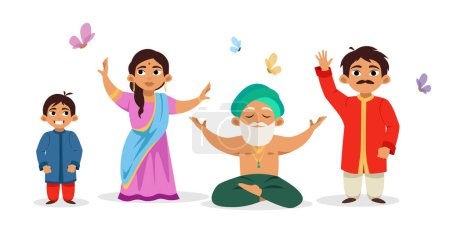 Ilustración vectorial de una linda familia india en blanco. Personajes encantadores en diferentes poses: un niño, una mujer, un abuelo en una pose de yoga, un hombre vestido con ropa india, un sari, en estilo de dibujos animados.