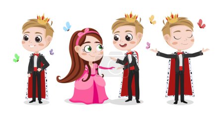 Vector illustration of cute and beautiful prince and princess on white background. Charming character prince with crown and mantle, princess in beautiful dress and butterflies in cartoon style.