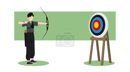 Vector illustration of a cute and handsome archer isolated on white background. Charming characters with bow and arrows aim at targets in cartoon style.