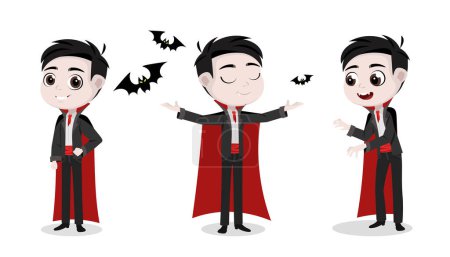 Illustration vectorielle du mignon et beau comte Dracula isolé sur fond blanc. Un charmant personnage de vampire Dracula dans une robe rouge et avec des chauves-souris dans différentes poses et émotions dans un style de dessin animé.