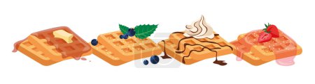 Illustration for Vector illustration of delicious various waffles in cartoon style. Vector illustration of sweet waffles with butter, caramel, blueberries, whipped cream and chocolate topping, strawberries. - Royalty Free Image
