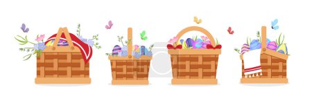 Vektorillustration verschiedener Osterkörbe im Cartoon-Stil. Vektor-Illustration von farbigen Körben mit Ostereiern und Blumen, Handtüchern, Schmetterlingen isoliert auf weißem Hintergrund.