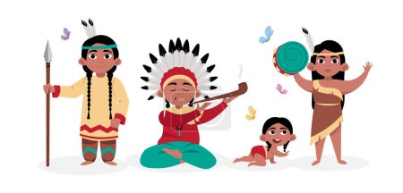 Ilustración vectorial de una linda tribu india aislada en blanco. Encantadores personajes de la familia india vestidos con estilo tradicional: un hombre con una lanza, pipa, un bebé gateando, una mujer tocando un tambor.