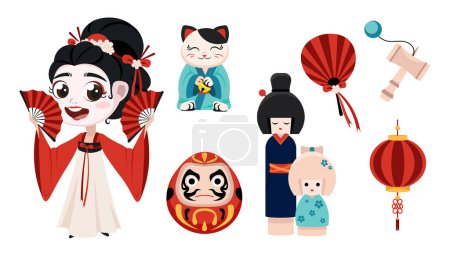 Ilustración de Conjunto de equipamiento tradicional japonés en estilo de dibujos animados. Ilustración vectorial de geisha japonesa en kimono, maneki-neko, máscara, ventilador, lámpara aislada sobre fondo blanco. - Imagen libre de derechos