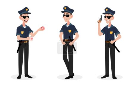 Photo for Vector illustration of a handsome policeman isolated on a white background. Charming policeman characters in glasses and uniform with different emotions and poses in cartoon style. - Royalty Free Image