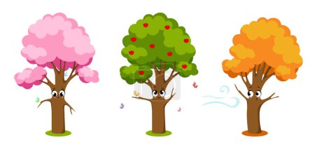 Illustration for Vector illustration of cute and beautiful trees of the seasons on white background. Charming tree characters: blooming spring, summer tree with apples, butterflies, autumn tree with fallen leaves. - Royalty Free Image