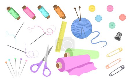 Multicolored sewing kit on white background. Vector cartoon illustration with thread, needles, scissors, buttons, knitting needles, ruler and fabric roll.
