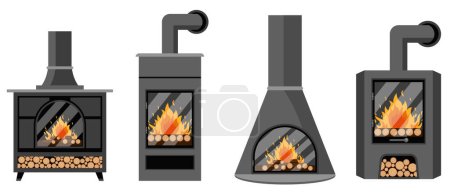 Set of modern cast-iron fireplaces in cartoon style. Cartoon scene of heating devices of metal fireplaces of different shapes and sizes with chimneys, fire, firewood isolated on a white background.