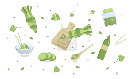 Set of spicy wasabi in cartoon style. Vector illustration of wasabi root, chopped, in a bottle, jar, plate, Japanese additive on white background.