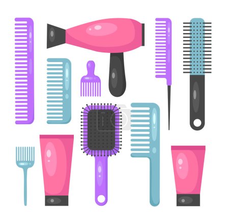Set von bunten Haarstyling-Tools im Cartoon-Stil. Vektor-Illustration von Kämmen, Haartrockner, Gelen, Friseurwerkzeugen auf weißem Hintergrund.
