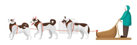 Vector illustration of dog sledding. Cartoon scene with dog sledding in the north by Eskimos.
