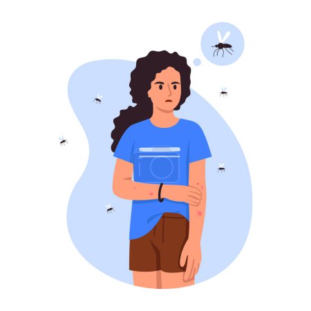 Vector illustration of a sad girl with mosquito bites.Cartoon scene of upset, curly girl with skin with traces of redness from mosquito bites isolated on white background.Itching from a mosquito bite.