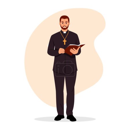 Vector illustration of a church priest. Cartoon scene of a handsome priest in a black suit with a golden cross on his neck, holding a bible isolated on a white background. The priest preaches.