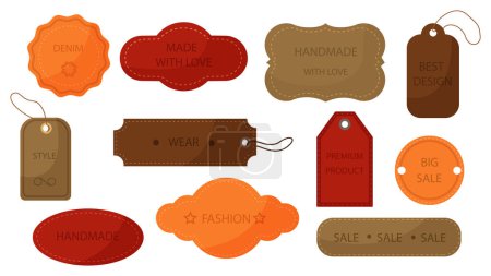 Set of leather tags and labels in cartoon style. Vector illustration of tags of different shapes and sizes with the words: made with love, handmade, denim, best design, big sale, style, fashion, wear.
