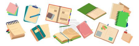Set of a large collection of notebooks in cartoon style. Vector illustration of different notebooks, organizers, colored sheets, pen and pencil isolated on white background. Open and closed notebooks.