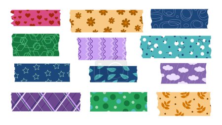 Set of beautiful paper decorative tape in cartoon style. Vector illustration of paper tapes with different patterns, ornaments: hearts, flowers, berries, leaves, stars, diamonds, clouds, dots.