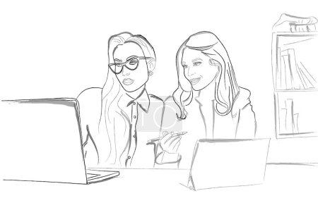 Ilustración de Dos mujeres trabajando en el portátil en la oficina. Ilustración vectorial - Imagen libre de derechos