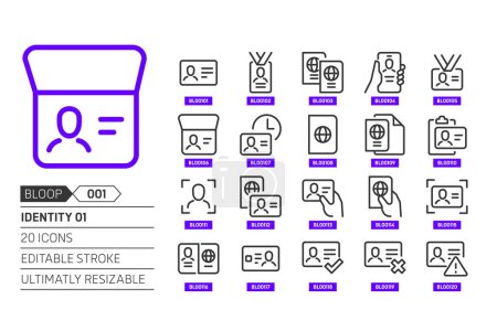 Illustration for Identity documents related, pixel perfect, editable stroke, up scalable, line, vector bloop icon set. - Royalty Free Image