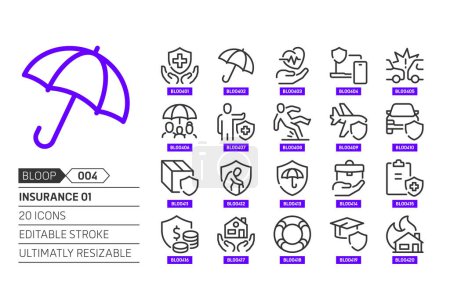Illustration for Insurance related, pixel perfect, editable stroke, up scalable, line, vector bloop icon set. - Royalty Free Image