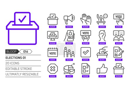 Illustration for Elections 01 related, pixel perfect, editable stroke, up scalable, line, vector bloop icon set. - Royalty Free Image