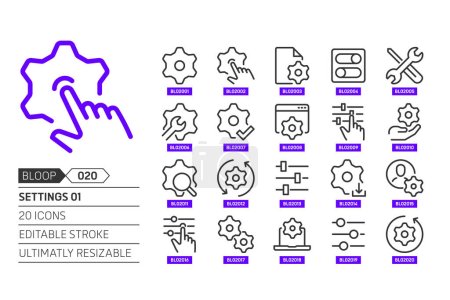 Settings 01 related, pixel perfect, editable stroke, up scalable, line, vector bloop icon set. 