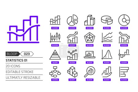 Illustration for Statistics 01 related, pixel perfect, editable stroke, up scalable, line, vector bloop icon set. - Royalty Free Image