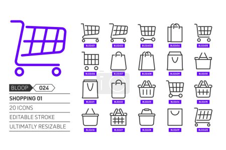 Illustration for Shopping 01 related, pixel perfect, editable stroke, up scalable, line, vector bloop icon set. - Royalty Free Image