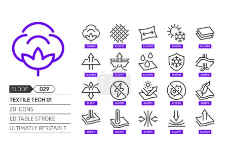 Illustration for Textile tech 01 related, pixel perfect, editable stroke, up scalable, line, vector bloop icon set. - Royalty Free Image