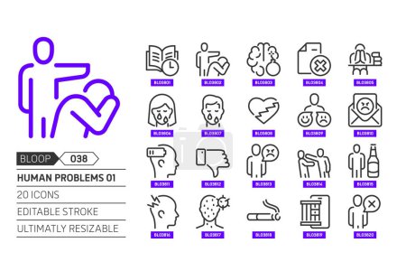 Illustration for Human problems 01 related, pixel perfect, editable stroke, up scalable, line, vector bloop icon set. - Royalty Free Image