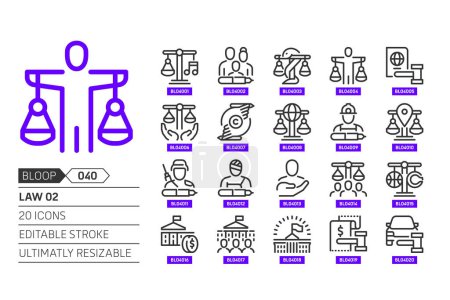 Illustration for Law 02 related, pixel perfect, editable stroke, up scalable, line, vector bloop icon set. - Royalty Free Image