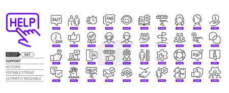 Support related, pixel perfect, editable stroke, up scalable, line, vector bloop icon set. 