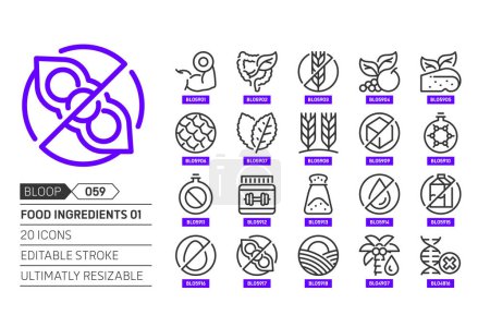 Illustrazione per Food ingredients related, pixel perfect, editable stroke, up scalable, line, vector bloop icon set. - Immagini Royalty Free