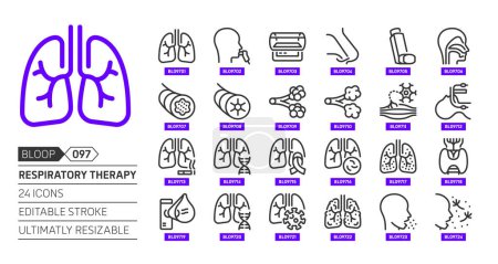 Terapia respiratoria, relacionado, píxel perfecto, accidente cerebrovascular editable, escalable, línea, conjunto de iconos de sangre vectorial.
