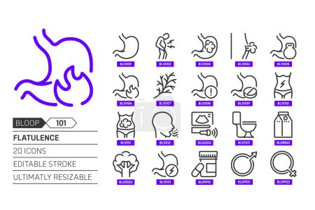 Illustration for Flatulence related, pixel perfect, editable stroke, up scalable, line, vector bloop icon set. - Royalty Free Image