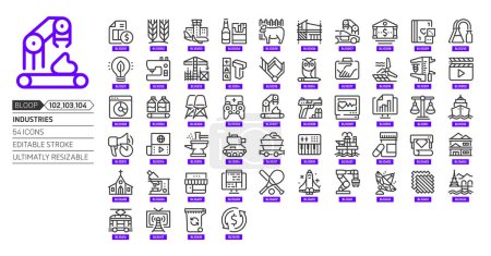 Industries related, pixel perfect, editable stroke, up scalable, line, vector bloop icon set.