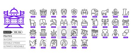 Politics related, pixel perfect, editable stroke, up scalable, line, vector bloop icon set.