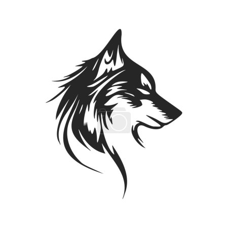 High contrast black and white wolf head logo vector illustration.