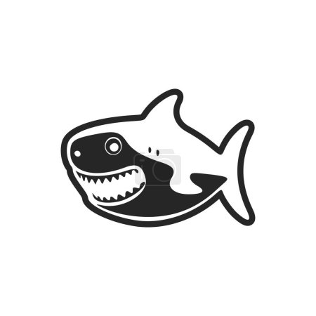 Téléchargez les illustrations : Logo lumineux noir et blanc avec un charmant requin joyeux. - en licence libre de droit