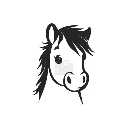 Téléchargez les illustrations : Logo simple noir et blanc avec un charmant poney joyeux. - en licence libre de droit