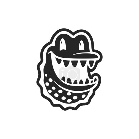 Téléchargez les illustrations : Logo simple noir et blanc avec un adorable crocodile joyeux. - en licence libre de droit