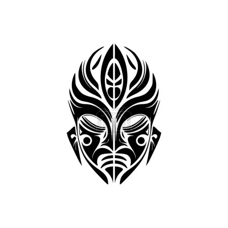 Téléchargez les illustrations : Croquis vectoriel de tatouage d'un masque de dieu polynésien, noir et blanc. - en licence libre de droit