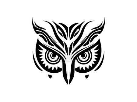 Téléchargez les illustrations : Tatouage noir et blanc d'un visage de hibou aux motifs polynésiens. - en licence libre de droit