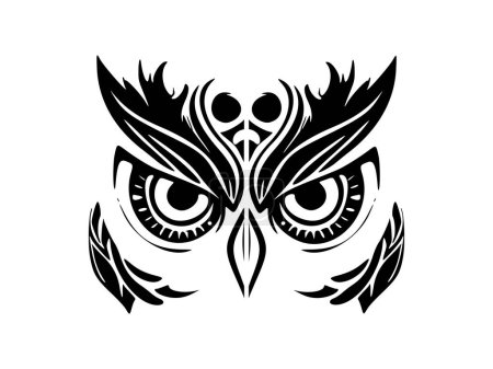 A black and white owl face tattoo, illustrating Polynesian designs.