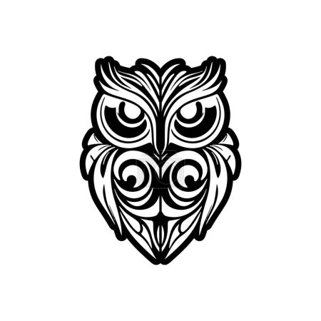 Téléchargez les illustrations : Tatouage design d'une chouette avec des motifs polynésiens en noir et blanc. - en licence libre de droit