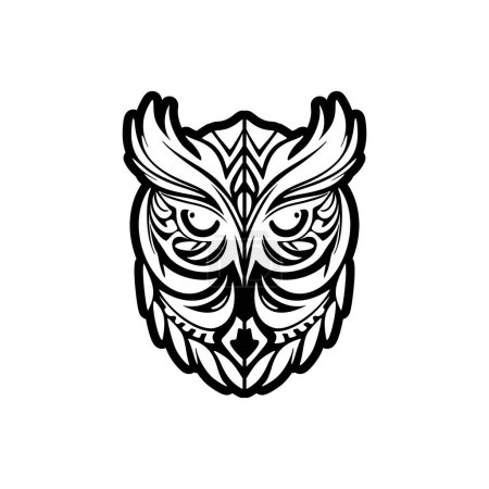 Téléchargez les illustrations : Tatouage hibou en noir et blanc avec des éléments de design polynésien. - en licence libre de droit
