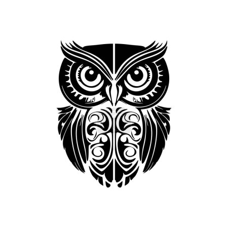 A black and white owl tattoo featuring Polynesian designs.